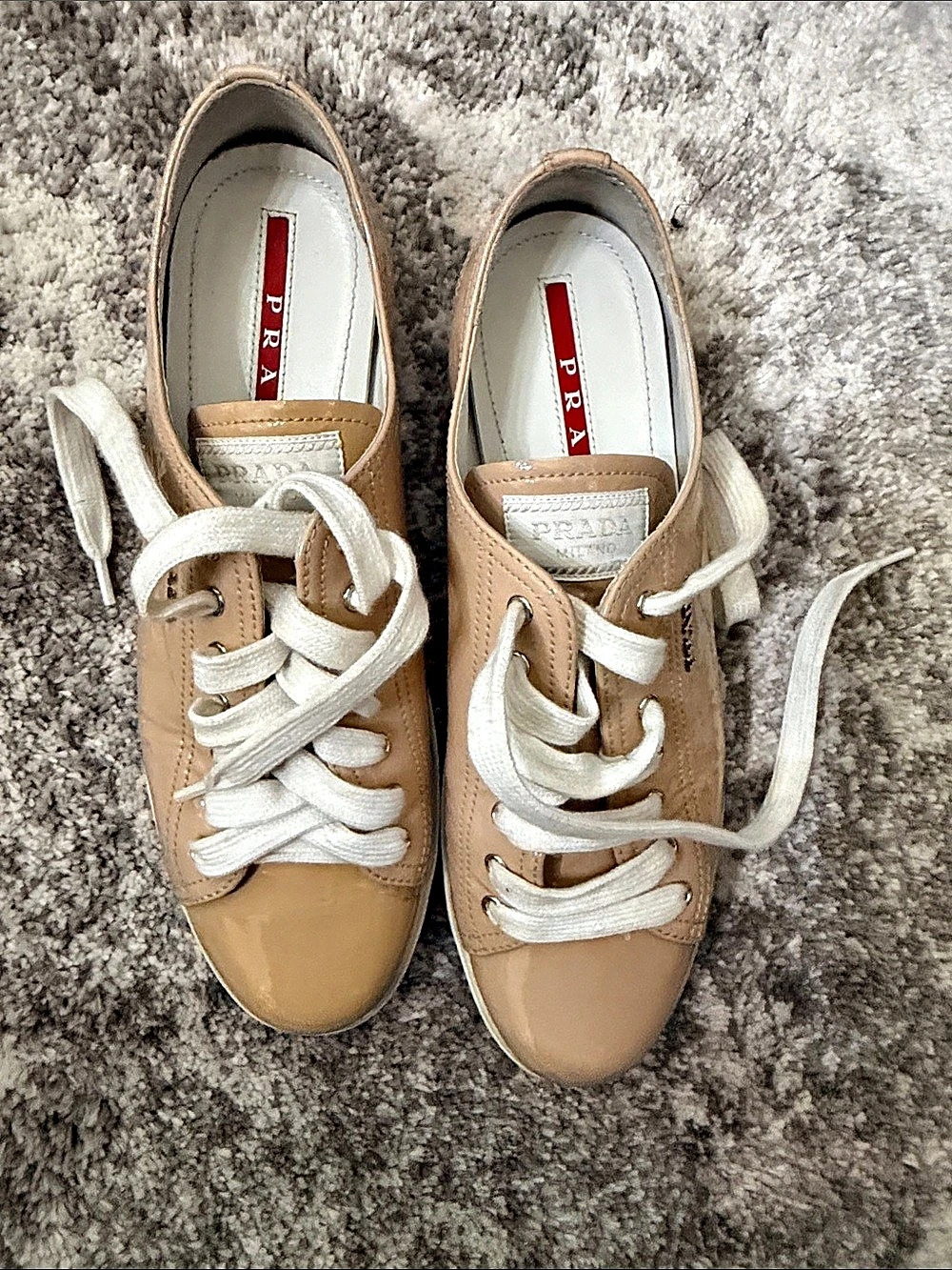 Prada Patent Leather Sneakers in Brown & White